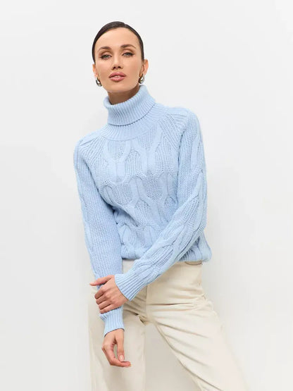 Skyline Knitwear by Lauven - Women's cozy pastel blue cable-knit turtleneck sweater, perfect for chic winter fashion.