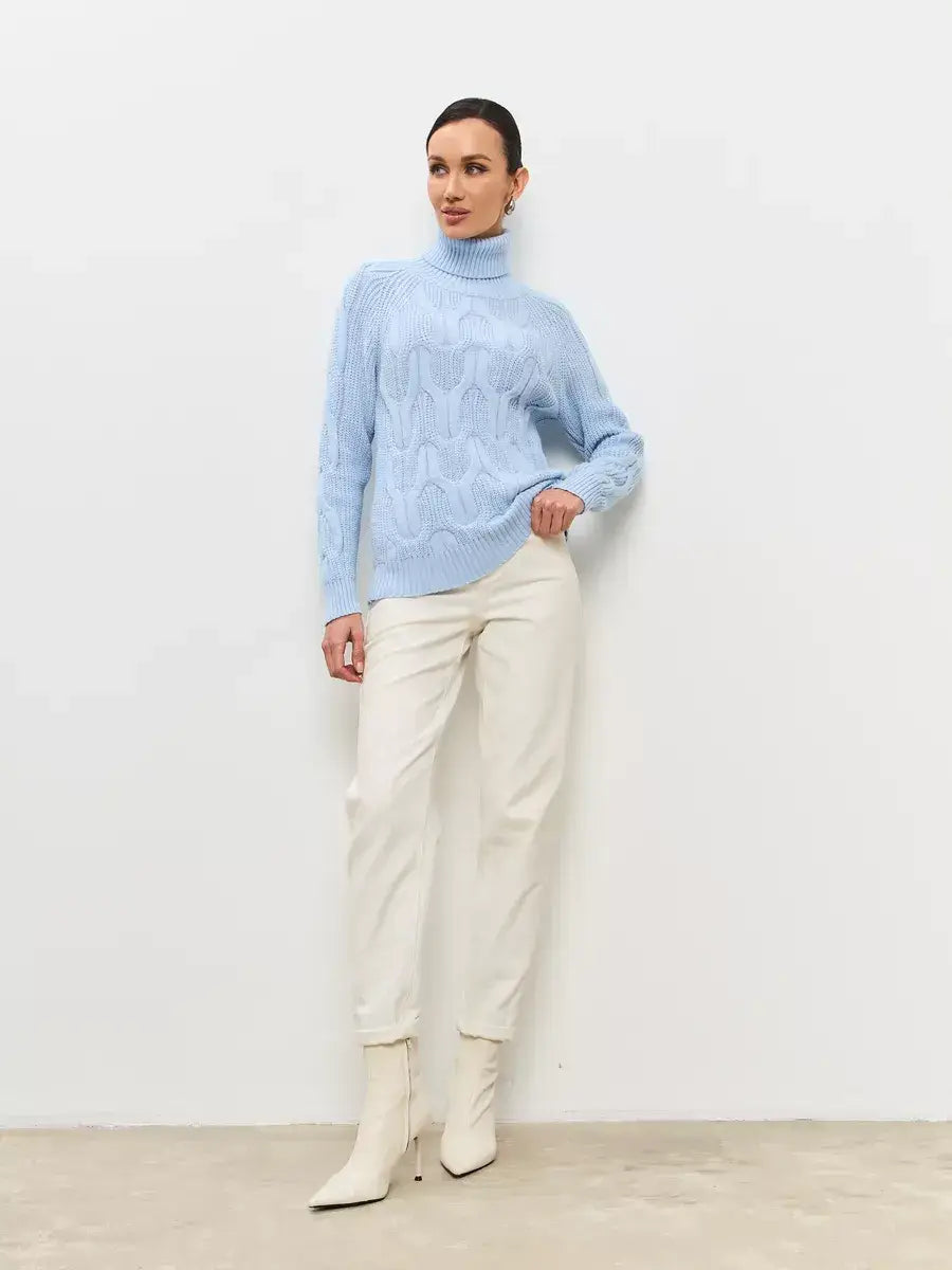 Skyline Knitwear by Lauven, women's pastel blue wool-blend turtleneck sweater with cable-knit design.