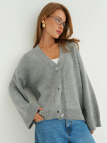 Slate Cardigan by Lauven - Cozy oversized knitwear in grey, featuring a button closure and wide sleeves for a relaxed look.