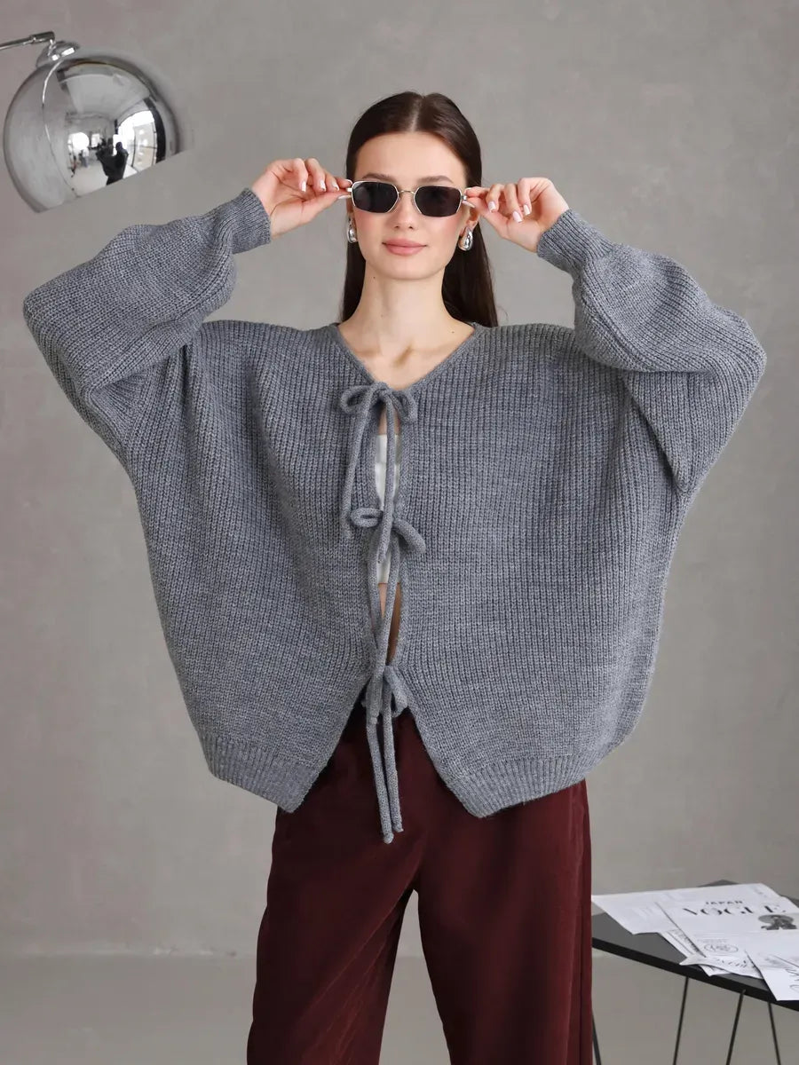 Slate Cardigan by Lauven – Cozy gray tie-front knitwear featuring an oversized fit and stylish design.