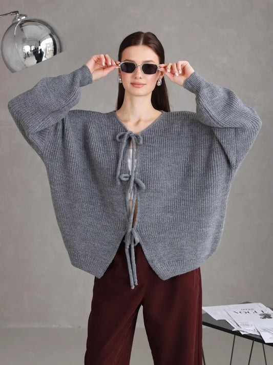 Slate Cardigan by Lauven – Cozy gray tie-front knitwear featuring an oversized fit and stylish design.
