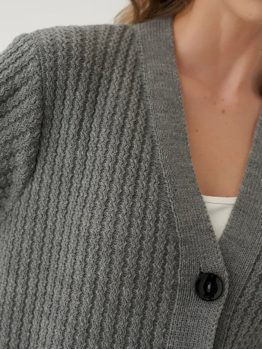 Slate Cardigan by Lauven - Oversized cropped knitwear in gray with textured design and button closure.