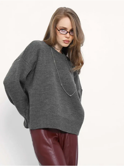 Slate Pullover from Lauven, an oversized cropped women's sweater in dark gray for stylish layering.