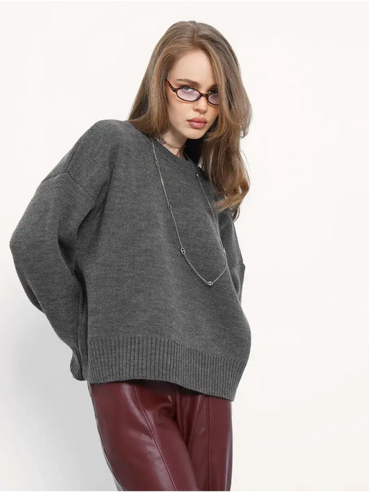 Slate Pullover from Lauven, an oversized cropped women's sweater in dark gray for stylish layering.