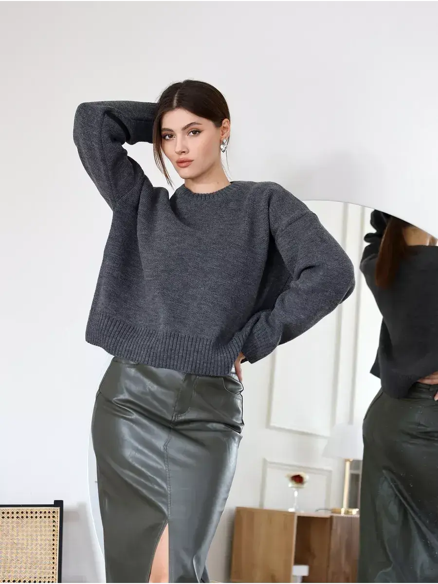 Slate Pullover by Lauven: Oversized cropped women’s sweater in dark gray, ideal for layering with a chic skirt.