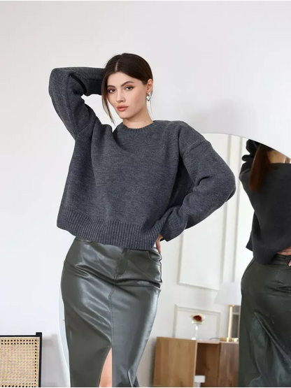 Slate Pullover by Lauven: Oversized cropped women’s sweater in dark gray, ideal for layering with a chic skirt.