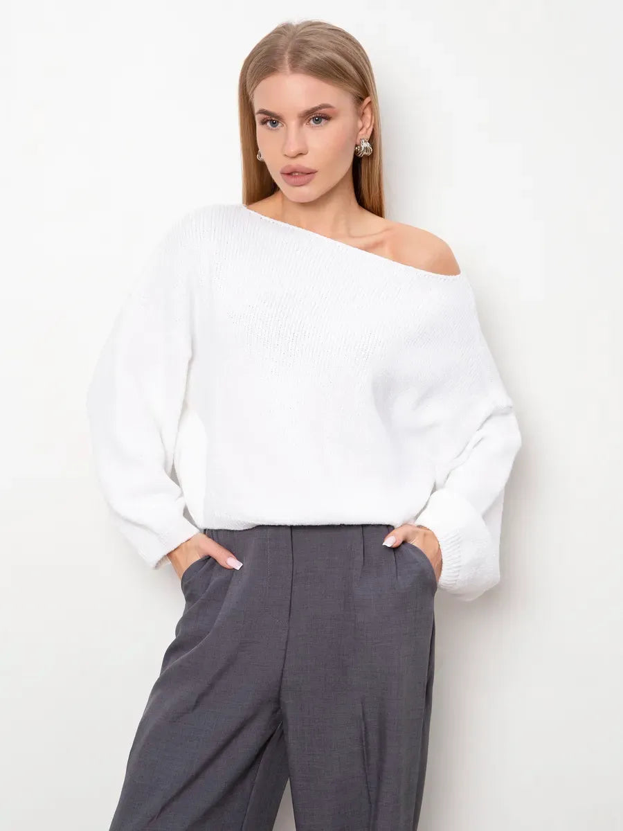 Snowfall Sweater by Lauven - Oversized knit sweater with boat neck in white, perfect for stylish comfort.