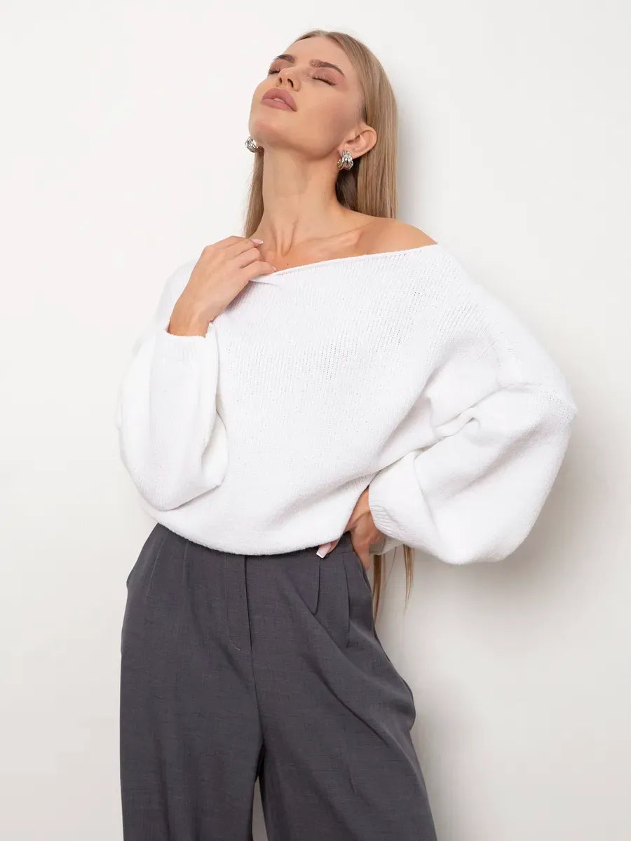 Snowfall Sweater by Lauven, oversized white knit sweater with boat neck, perfect for cozy fall styling.