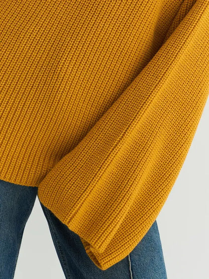 Solara Sweater by Lauven, oversized knit in vibrant mustard yellow with ribbed texture and cozy fit.