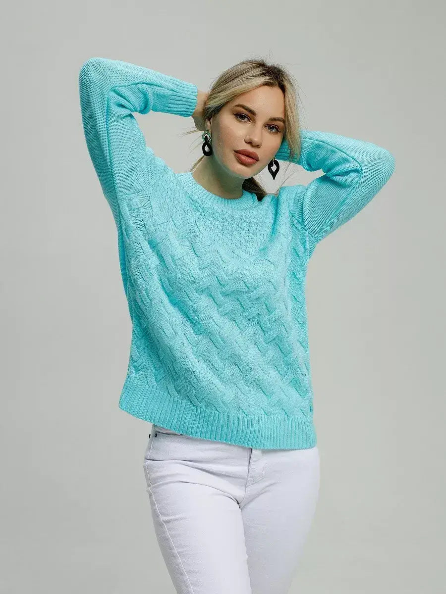Soleil Sweater by Lauven in bright turquoise, showcasing a stylish knit design and comfortable fit.