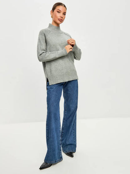 Sterling Sweater by Lauven, oversized cashmere blend in soft grey, featuring high ribbed neckline and relaxed fit.