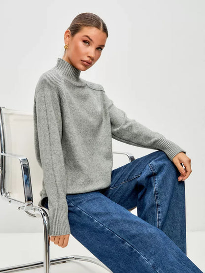 Sterling Sweater by Lauven - Oversized cashmere blend in soft grey, featuring a high ribbed neckline and elegant design.