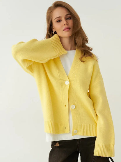 Sunny Cardigan by Lauven – Bright yellow oversized knitwear with button closure for a cozy stylish look.