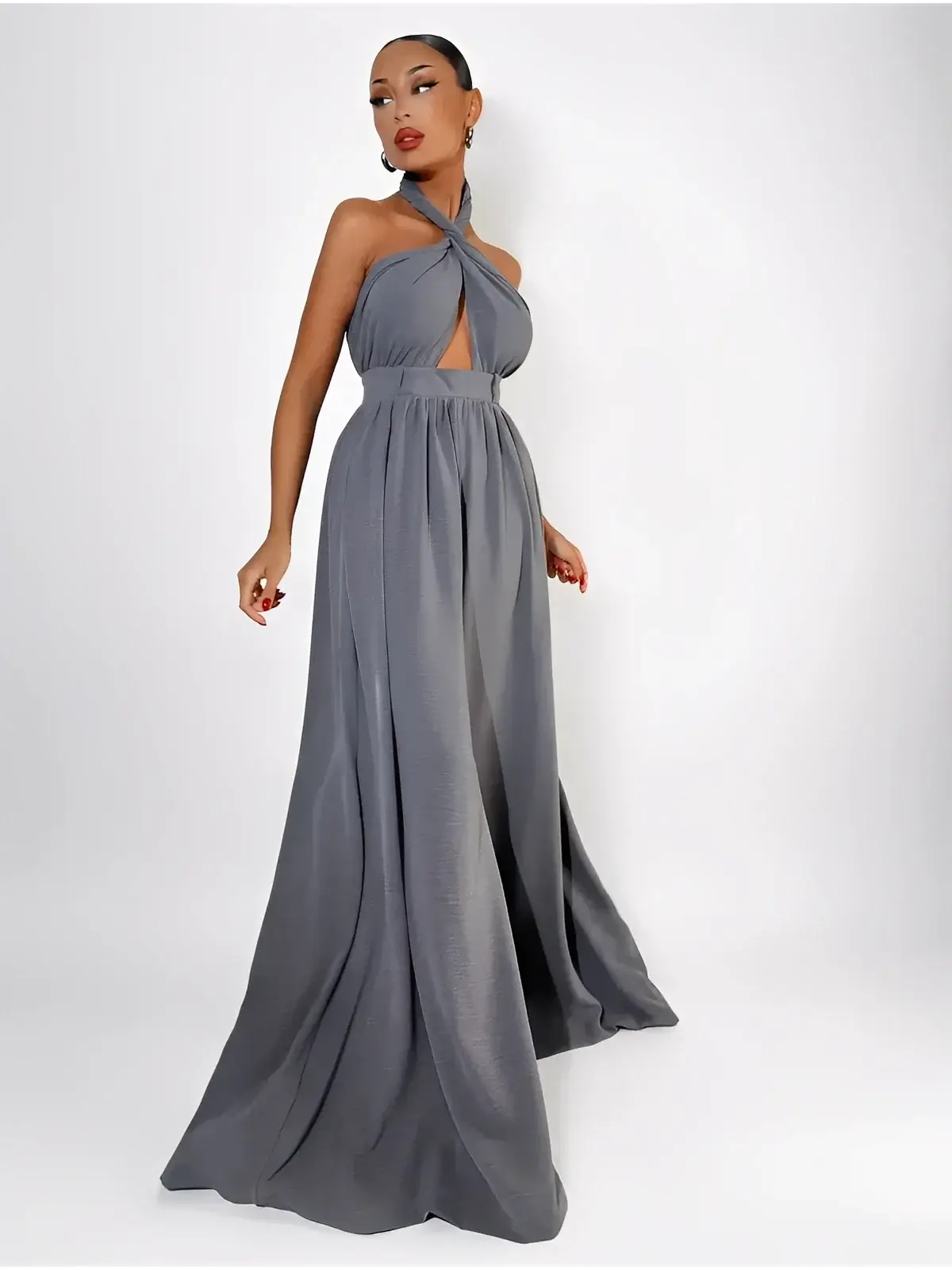 Twist Halter Jumpsuit by Lauven, featuring a twist-front halter neckline and wide-leg silhouette in elegant grey.