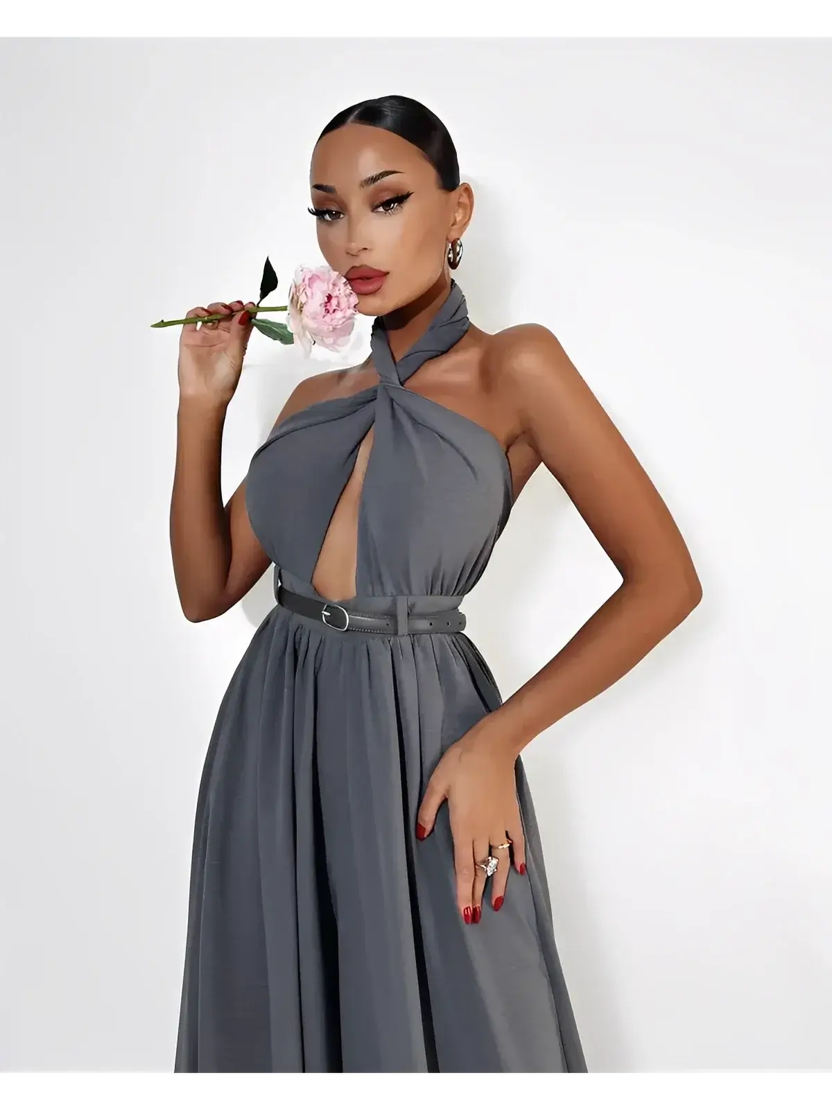 Twist Halter Jumpsuit by Lauven in rich grey, featuring open back and wide leg elegance, perfect summer fashion statement.
