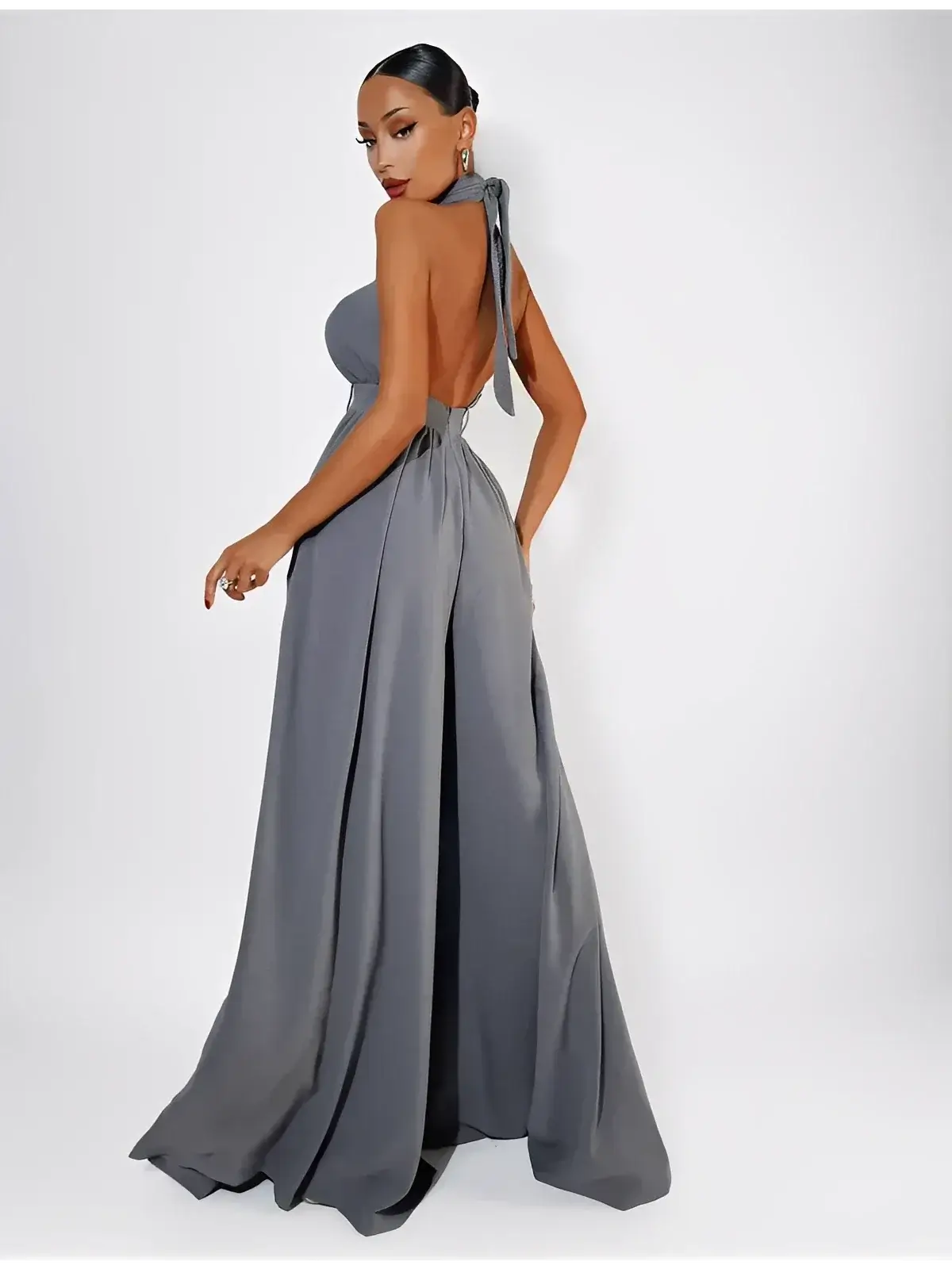 Twist Halter Jumpsuit by Lauven – Elegant open back and wide leg design in rich grey, perfect for summer statements.