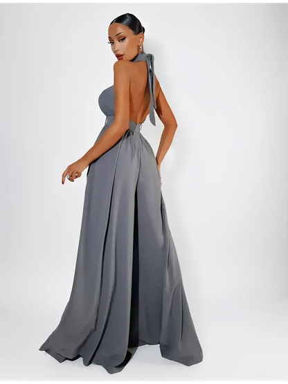Twist Halter Jumpsuit by Lauven – Elegant open back and wide leg design in rich grey, perfect for summer statements.