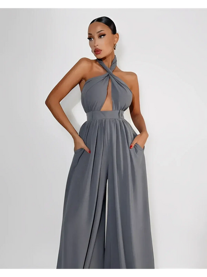 Twist Halter Jumpsuit by Lauven in grey, featuring an open back and wide leg design for summer elegance.