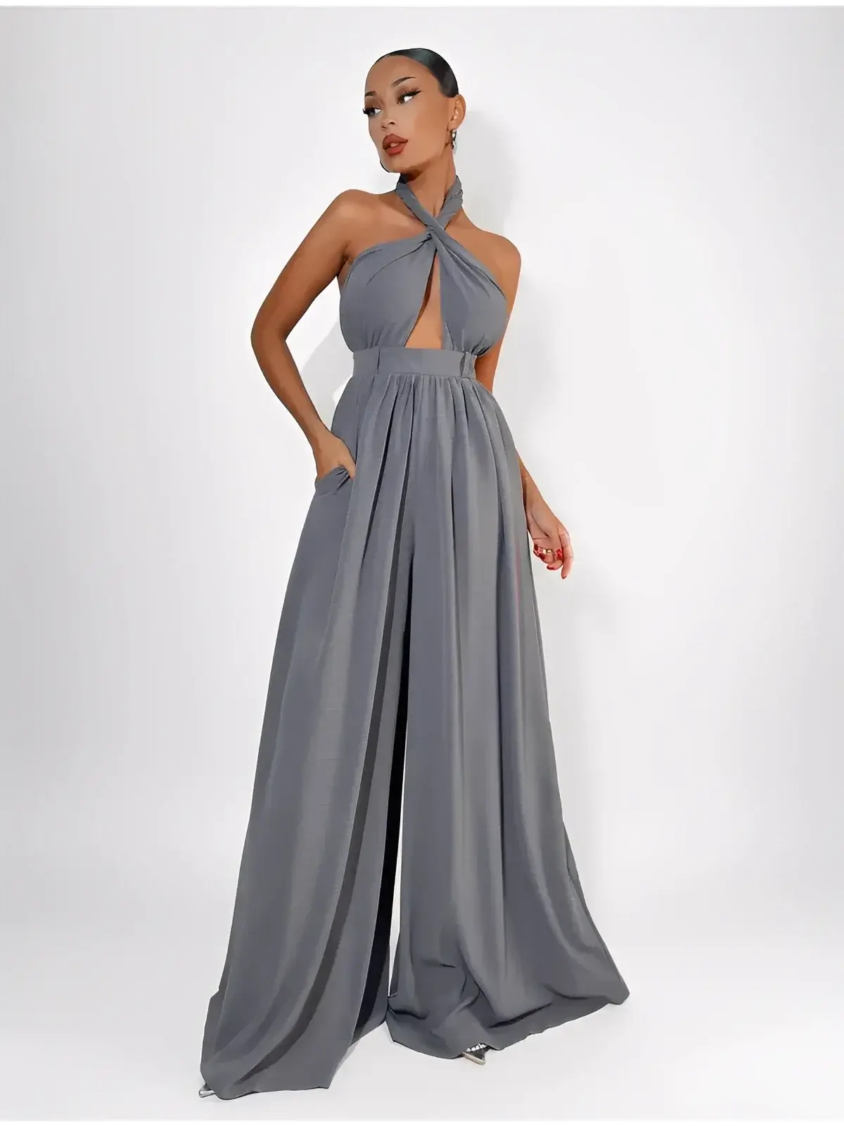 Twist Halter Jumpsuit by Lauven in rich grey, featuring an open back and wide-leg silhouette.