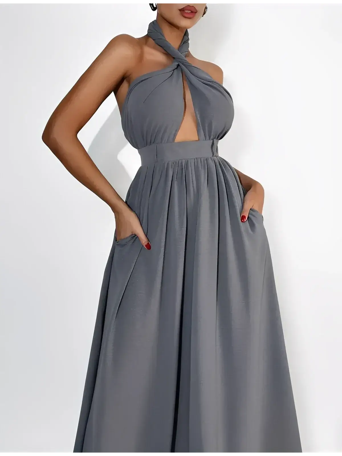 Twist Halter Jumpsuit by Lauven featuring a dramatic open back and flowing wide-leg silhouette in rich grey.