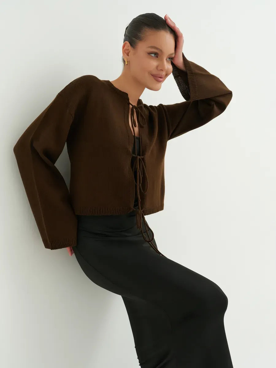 Umber Cardigan by Lauven, cropped brown knit with tie-front detailing, perfect for summer-to-fall layering.