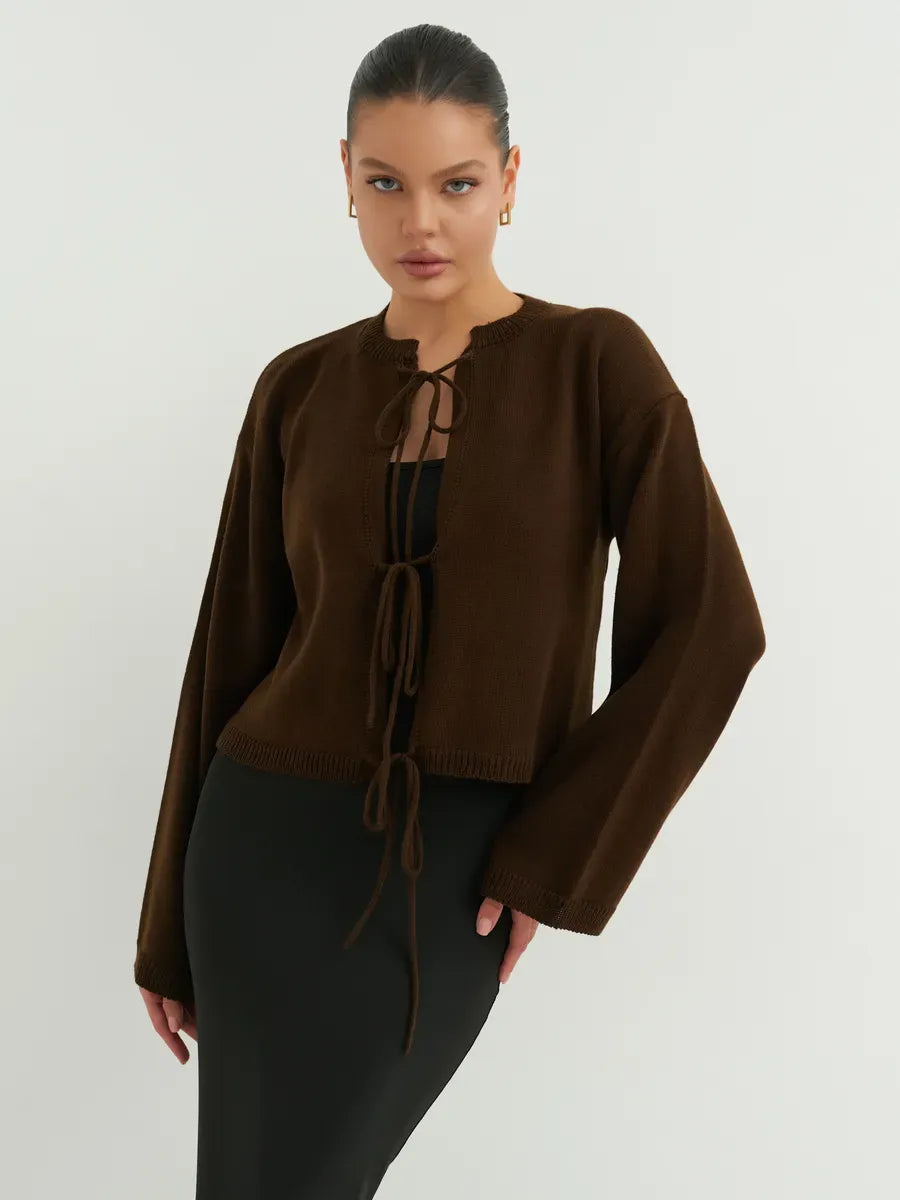 Umber Cardigan by Lauven - Cropped brown knit with tie-front detailing, perfect for effortless layering.