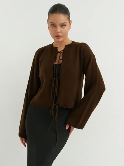 Umber Cardigan by Lauven - Cropped brown knit with tie-front detailing, perfect for effortless layering.