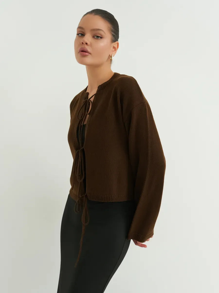 Umber Cardigan by Lauven, cropped brown knit with tie-front detailing, perfect for summer-to-fall layering.
