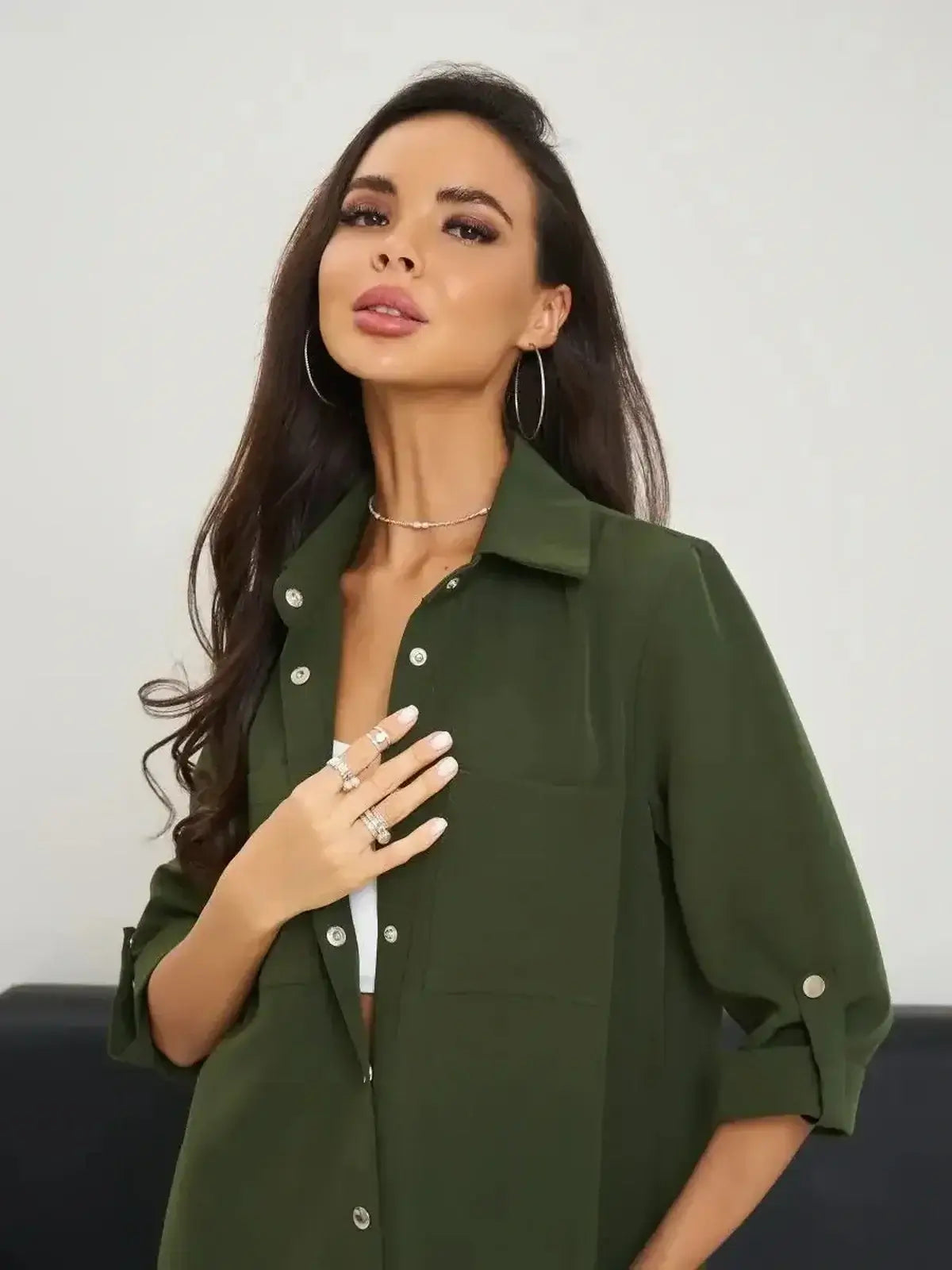 Urban Utility - Lauven Olive Green Belted Shirt Mini Dress modeled with stylish accessories.