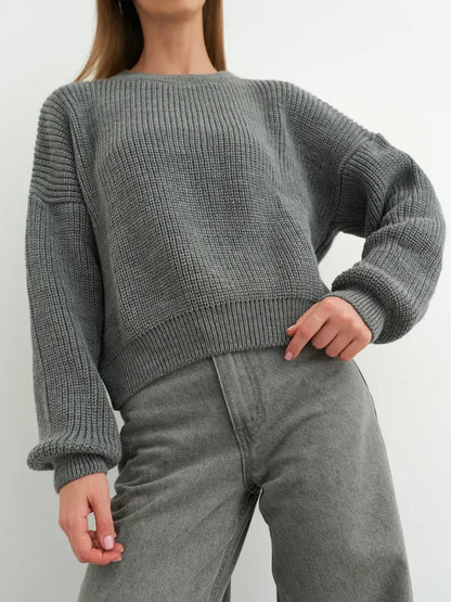 Vega Sweater by Lauven – Grey oversized knitwear featuring a soft rib-knit and relaxed cropped fit.