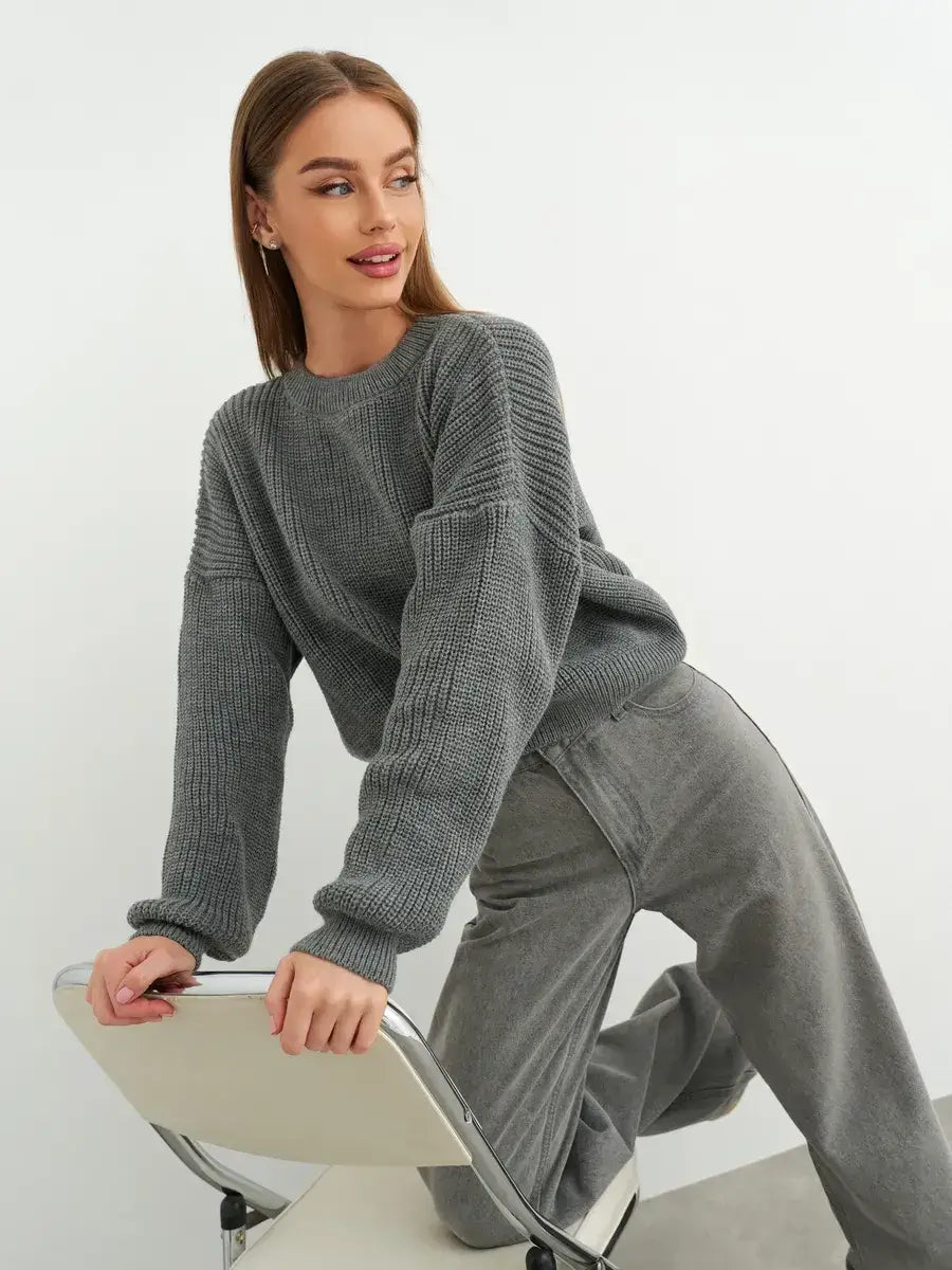 Vega Sweater by Lauven – Grey oversized knitwear with cropped fit and relaxed style.