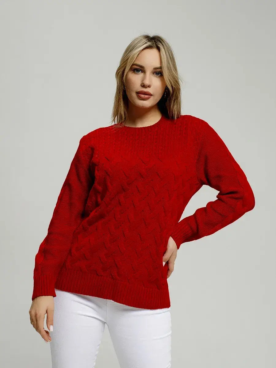 Vera Pullover by Lauven, a classic fitted knit sweater in red, perfect for cooler seasons