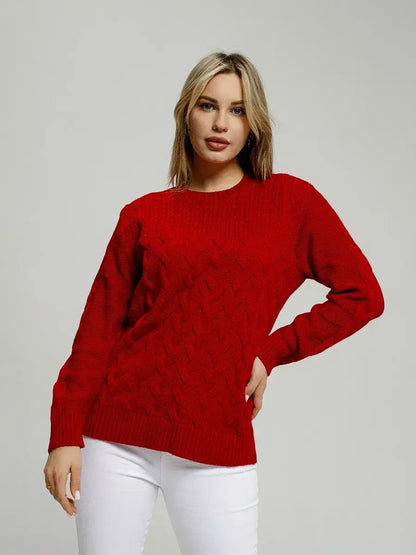 Vera Pullover by Lauven, a classic fitted knit sweater in red, perfect for cooler seasons