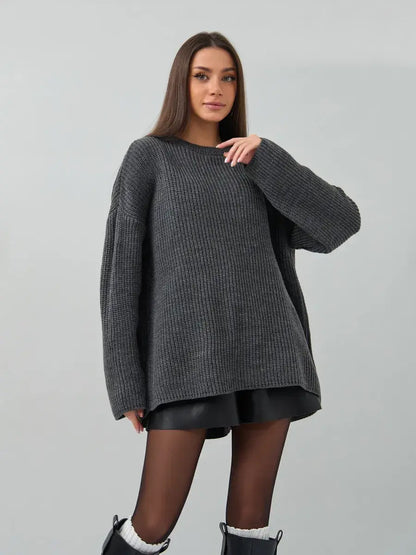 Vera Sweater by Lauven, oversized dark gray knit pullover with crew neck styled for women.