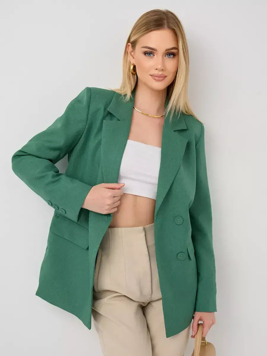 Verde Blazer by Lauven - Oversized double-breasted green tailored jacket for women in a stylish pose.