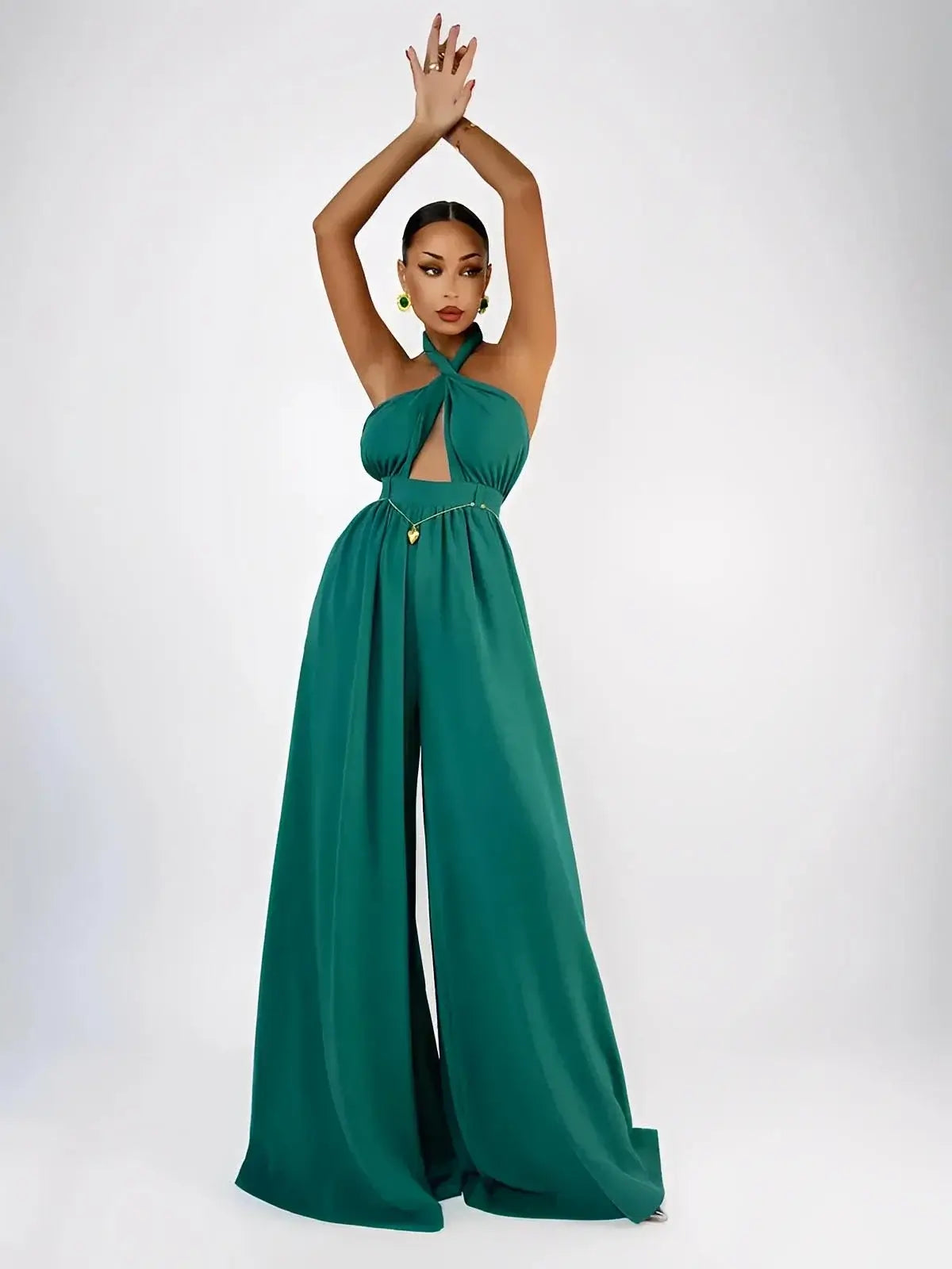 Verona Jumpsuit by Lauven in emerald, featuring a halter neck, open back, and wide legs for elegant style.