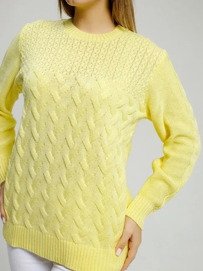 Lauven Vienna Sweater in soft yellow knit, featuring textured patterns, perfect for chic and comfortable seasonal outfits.