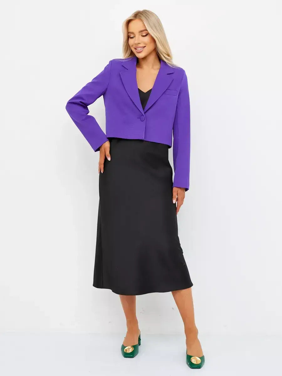 Violet Blazer by Lauven styled with a black dress showcasing classic elegance and modern cropped cut.