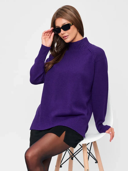Violet Sweater by Lauven - Oversized cashmere blend with high neck in deep purple, styled for modern elegance.