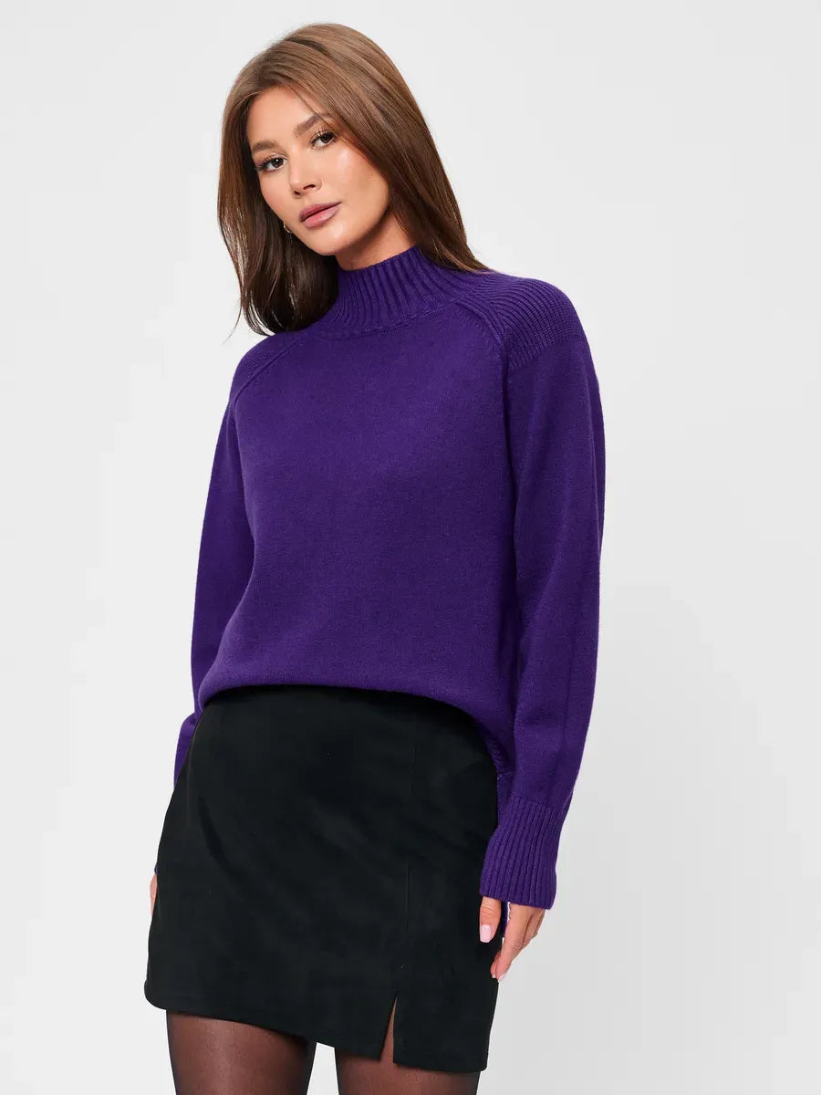 Violet Sweater by Lauven, an oversized cashmere blend sweater with high neck in deep purple, perfect for fall and winter styling.
