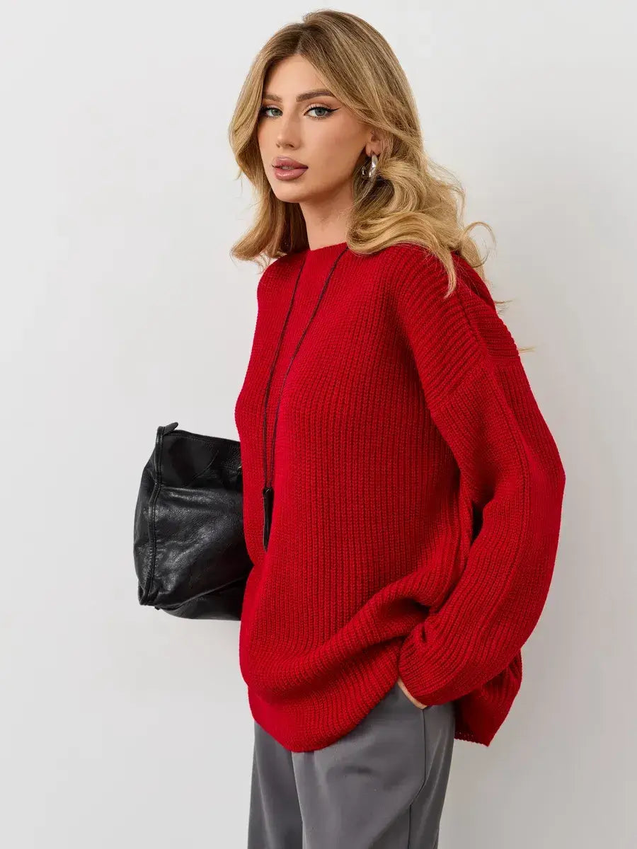 Viona Sweater by Lauven, oversized red knit pullover with crew neck, ideal for cooler seasons.