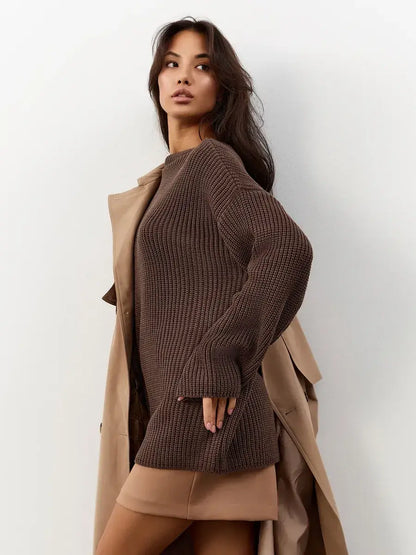 Zara Sweater by Lauven - Oversized chocolate brown knit with crew neck, featured in a stylish outfit.
