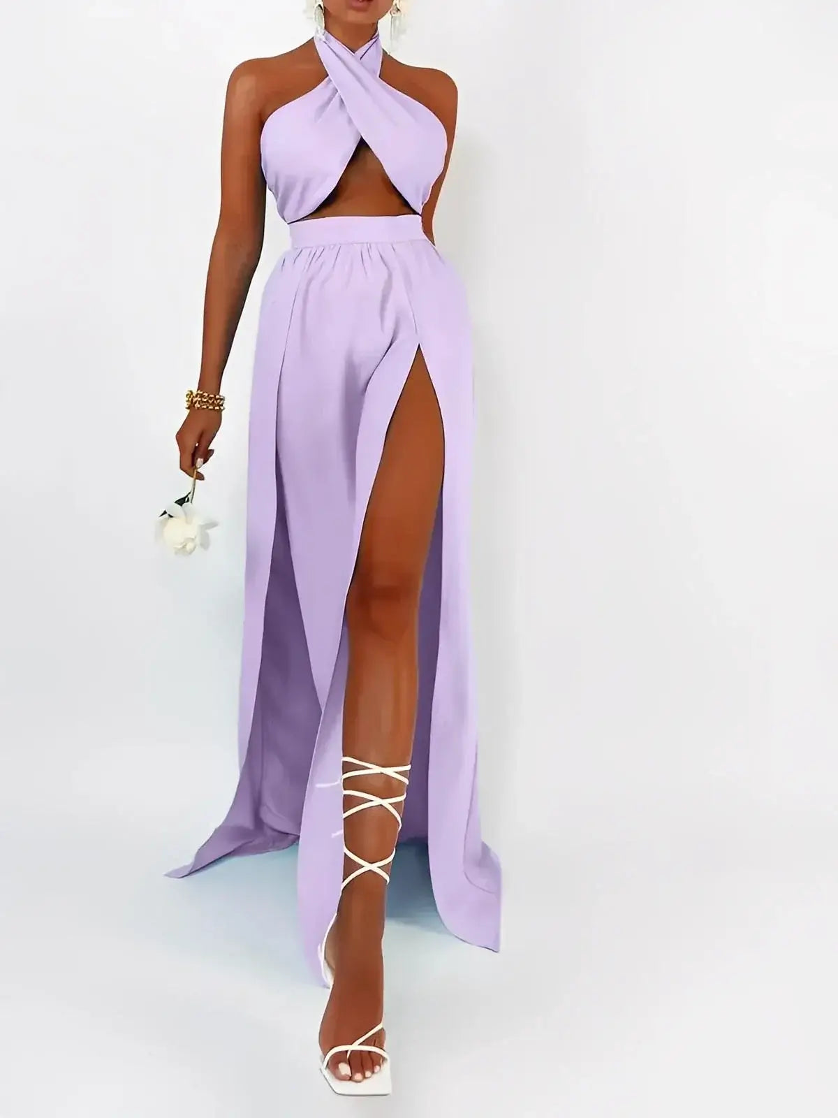 Lavender Breeze Set by Lauven featuring a cross-front halter top and a slit maxi skirt in breathable viscose.