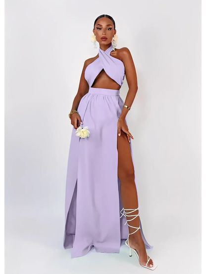Lavender Breeze Set by Lauven featuring a halter top and slit maxi skirt in breathable viscose for summer elegance.
