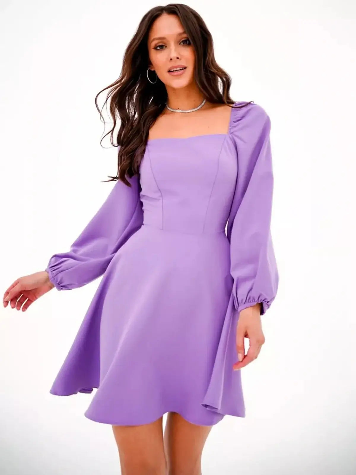 Lavender Grace mini dress with a square neckline and long puff sleeves, perfect for summer weddings and formal events.