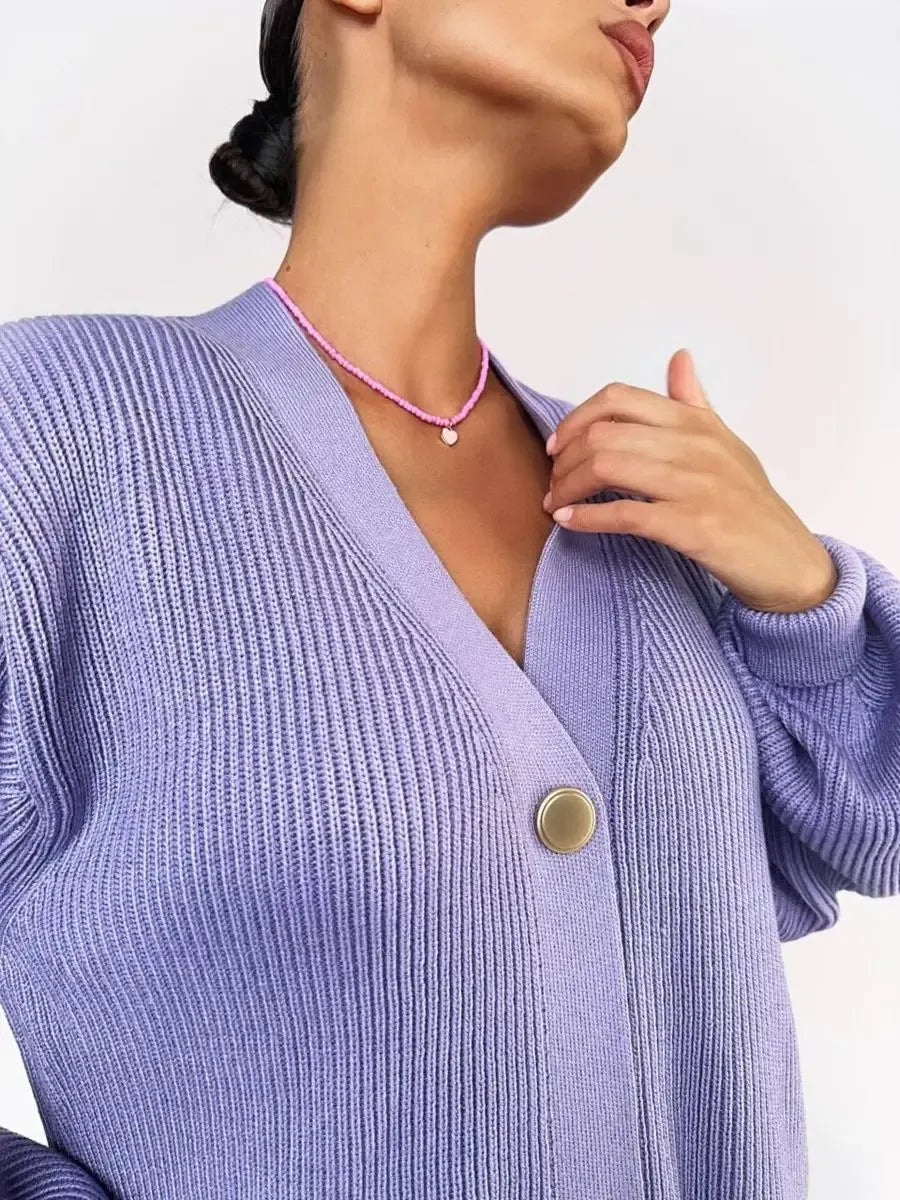 Lunaria Cardigan in soft lavender, showcasing oversized knit design and elegant longline silhouette by Lauven.