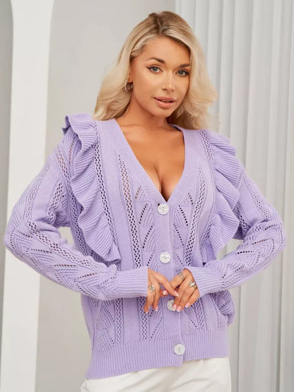 Lavina Cardigan by Lauven in soft lavender with ruffles and button closure, showcasing modern feminine style.