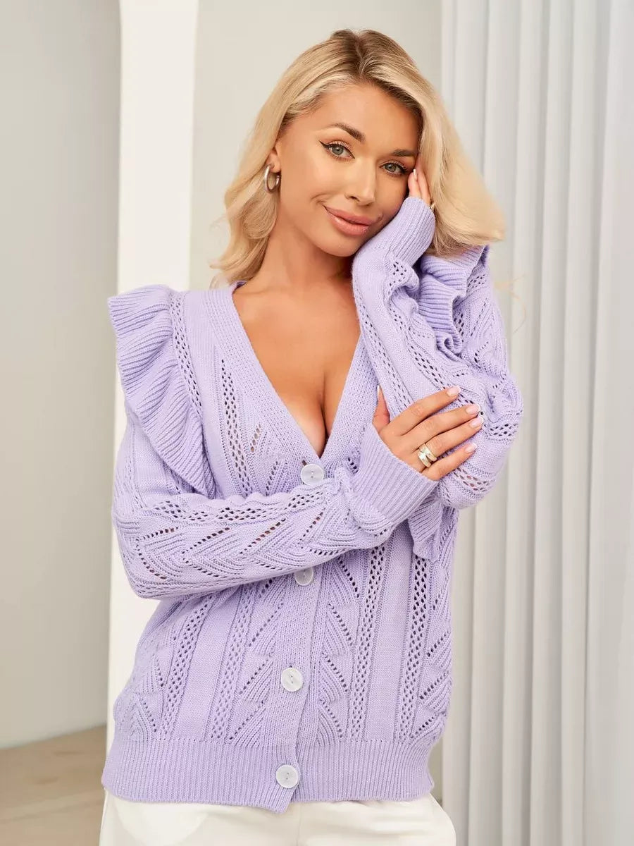 Lavina Cardigan by Lauven, long lavender knit with ruffles and button closure, showcasing elegance and charm.