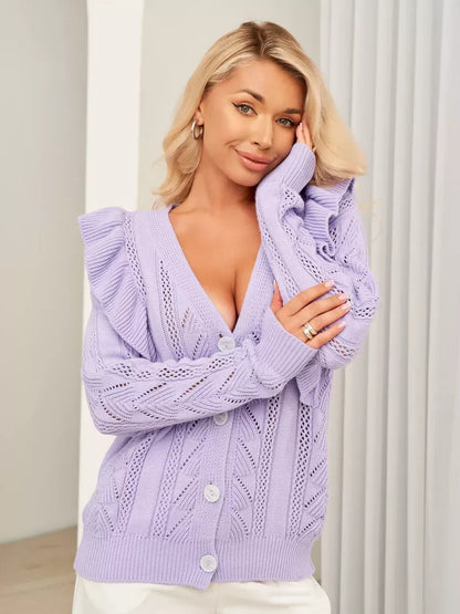 Lavina Cardigan by Lauven, long lavender knit with ruffles and button closure, showcasing elegance and charm.