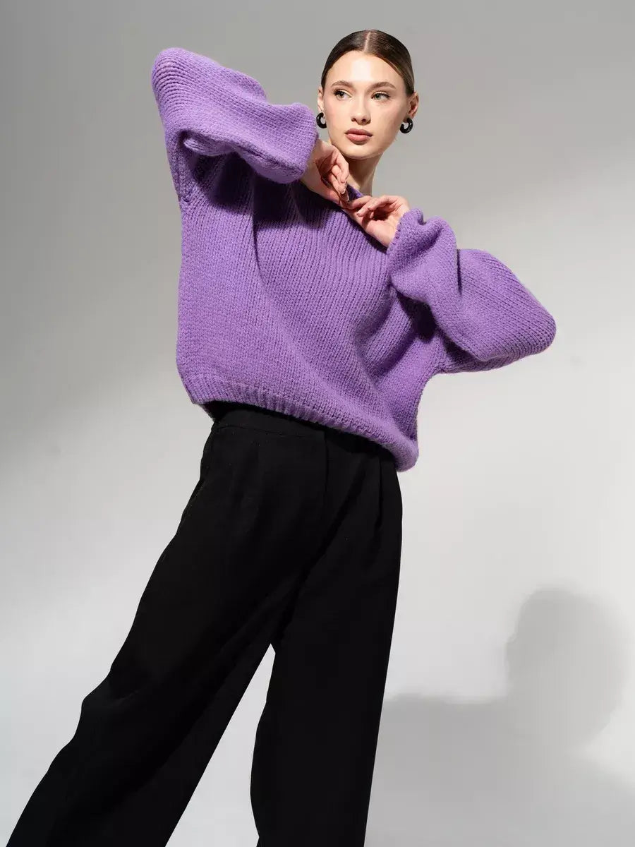 Lavina Sweater by Lauven - Oversized Off-Shoulder Knit in Lavender, perfect for fall and winter wardrobes.